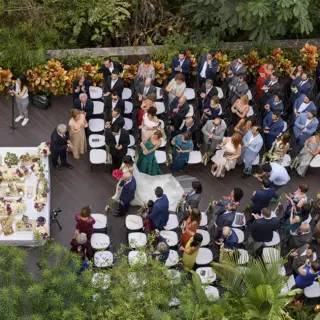 Aerial view of a wedding ceremony on the deck at Garza Blanca Puerto Vallarta