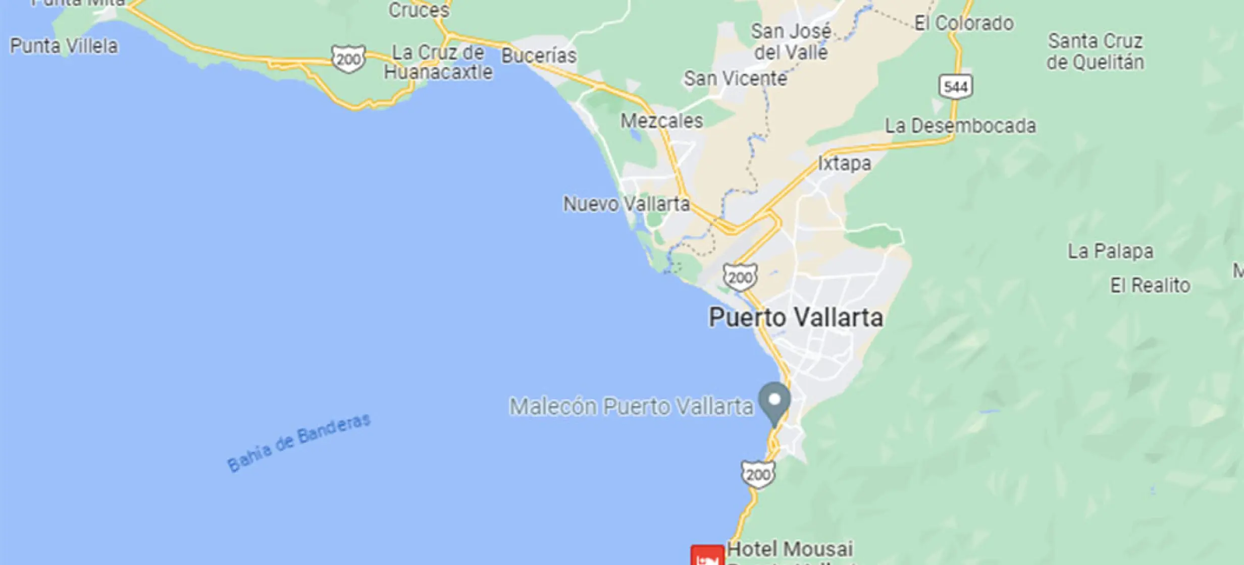 Map showing the location of Hotel Mousai on the coast of Puerto Vallarta