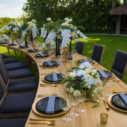 Curved wooden wedding reception table with white floral centerpieces on the lawn at Nizuc Resort, Cancun