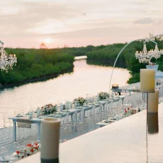 Dinner reception decor on Terra Nostra Terrace and Lower deck at Nizuc Resort and Spa