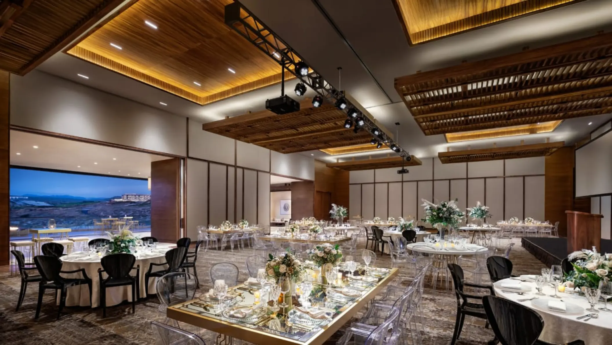 Indoor wedding reception setup with wooden accents at Nobu Hotel Los Cabos, Cabo San Lucas