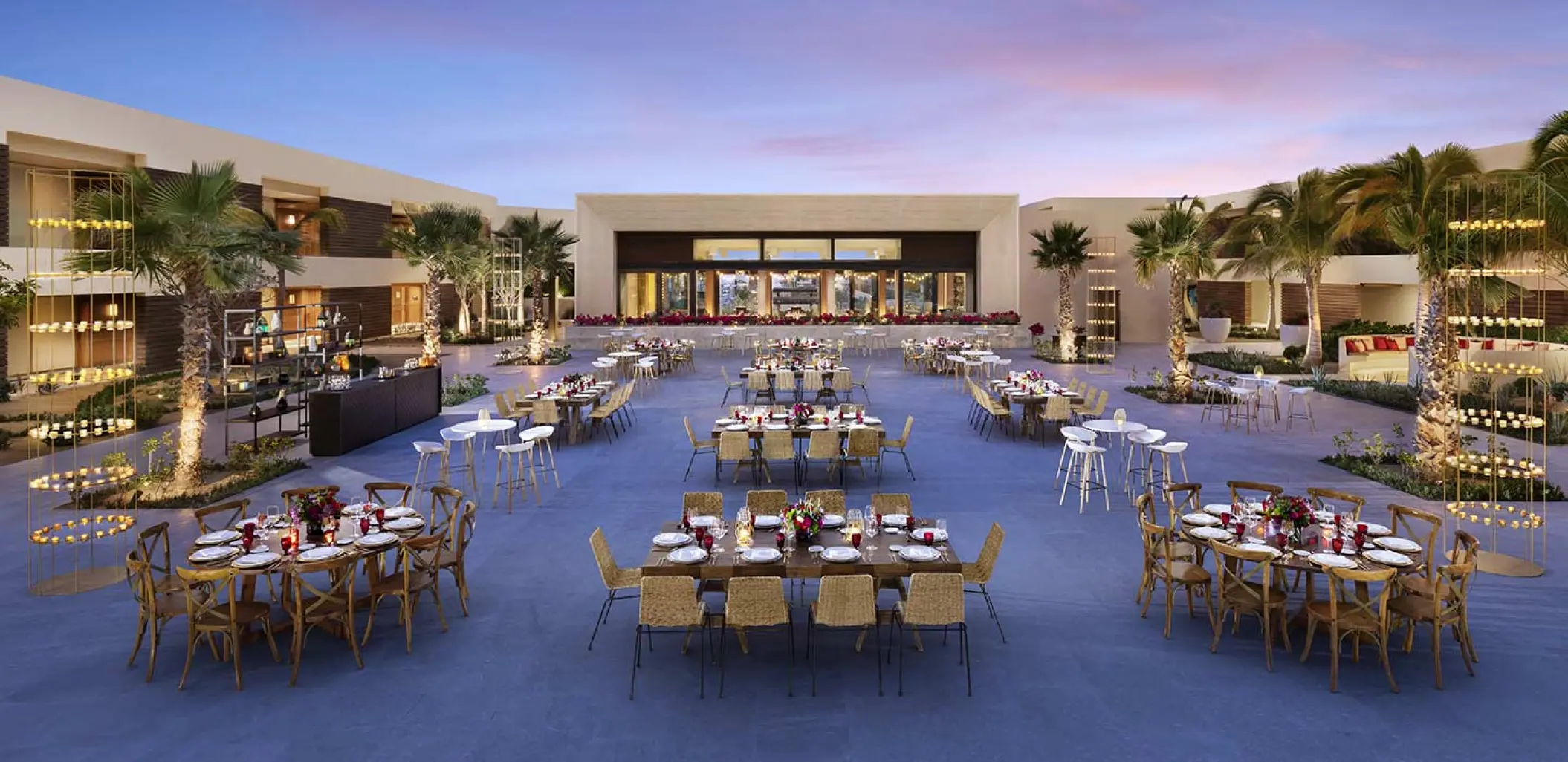 Outdoor wedding reception setup on the Shiawase Terrace at Nobu Hotel Los Cabos, Cabo San Lucas