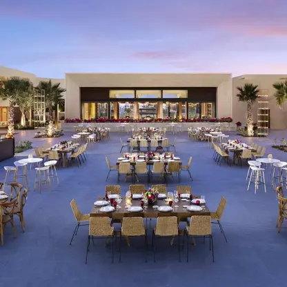 Outdoor wedding reception setup on the Shiawase Terrace at Nobu Hotel Los Cabos, Cabo San Lucas