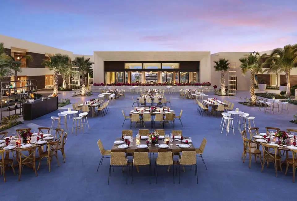 Outdoor wedding reception setup on the Shiawase Terrace at Nobu Hotel Los Cabos, Cabo San Lucas