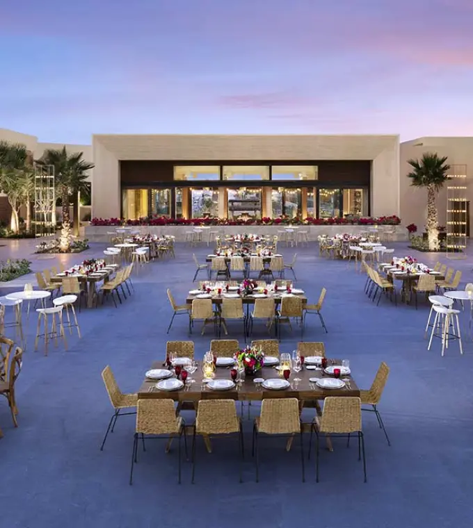Outdoor wedding reception setup on the Shiawase Terrace at Nobu Hotel Los Cabos, Cabo San Lucas