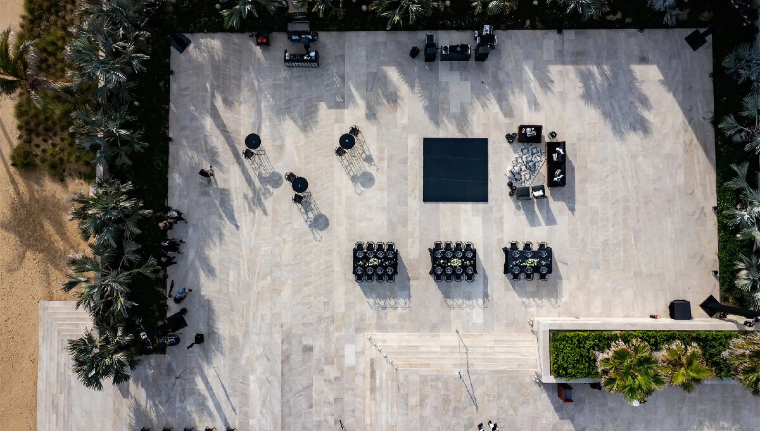 Aerial view of a wedding reception setup on the Shiawase Terrace at Nobu Hotel Los Cabos, Cabo San Lucas