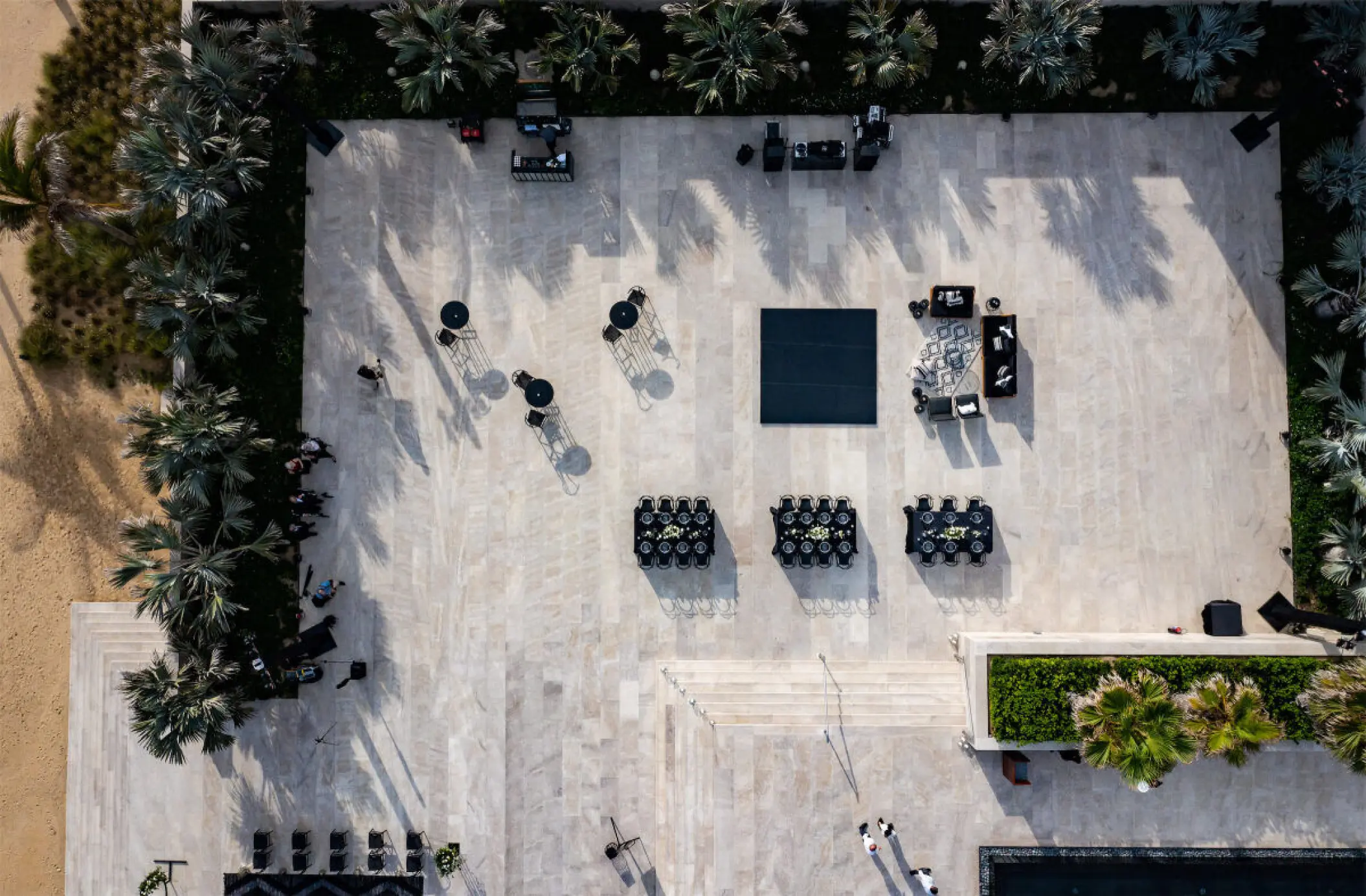 Aerial view of a wedding reception setup on the Shiawase Terrace at Nobu Hotel Los Cabos, Cabo San Lucas