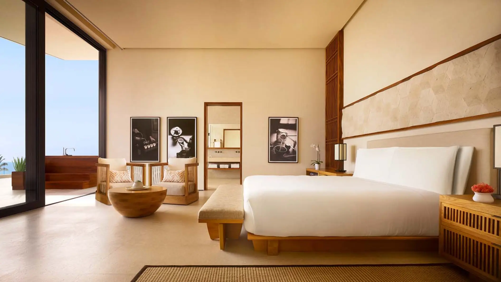 Minimalist suite with a king bed and private balcony at Nobu Hotel Los Cabos, Cabo San Lucas