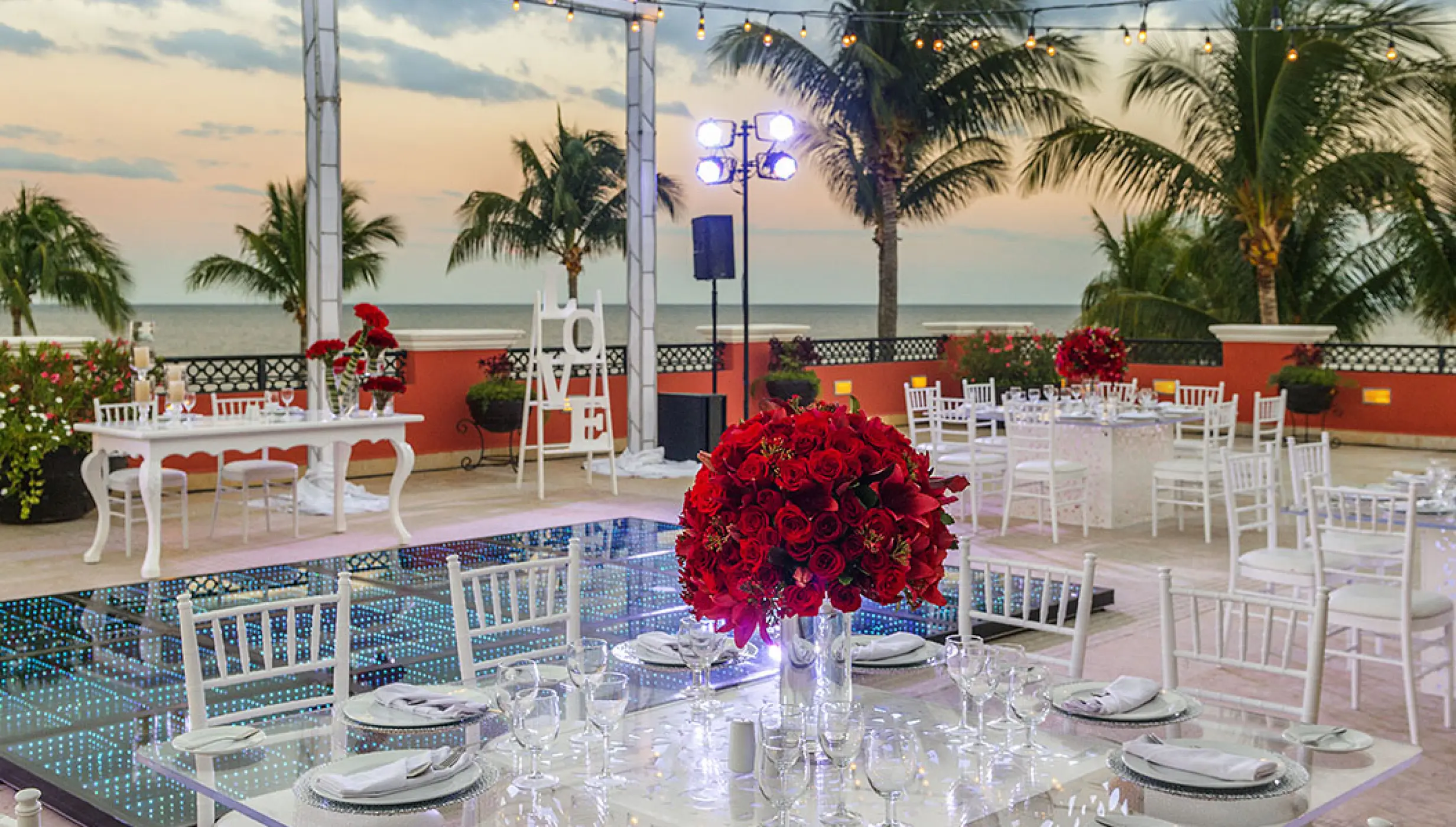Wedding reception setup at Terrace Venue in Ocean Coral & Turquesa resort.