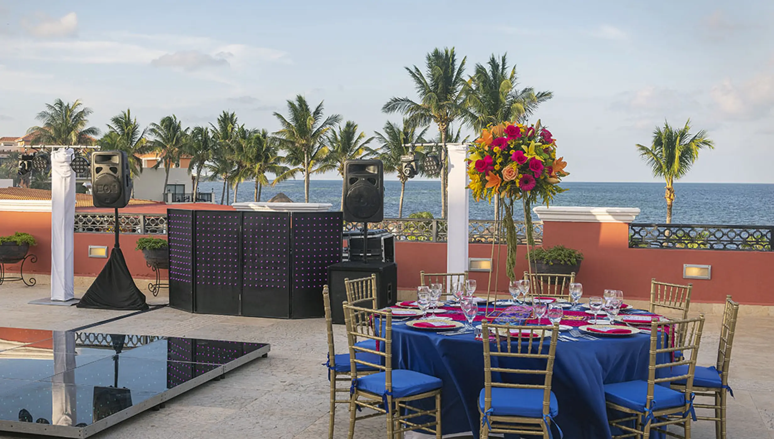 Wedding reception setup at Terrace Venue in Ocean Coral & Turquesa resort.