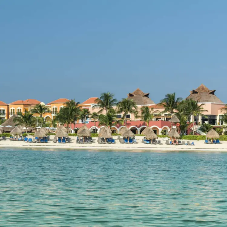 Ocean Coral & Turquesa beachfront with palapas and palm trees, Riviera Maya