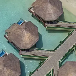 Aerial view of El Dorado Palafitos overwater bungalows and walkways, Riviera Maya
