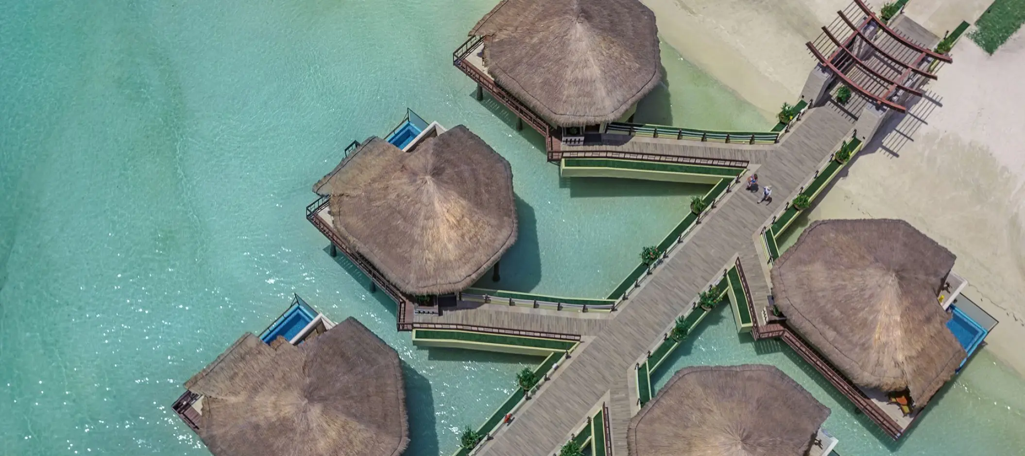 Aerial view of El Dorado Palafitos overwater bungalows and walkways, Riviera Maya