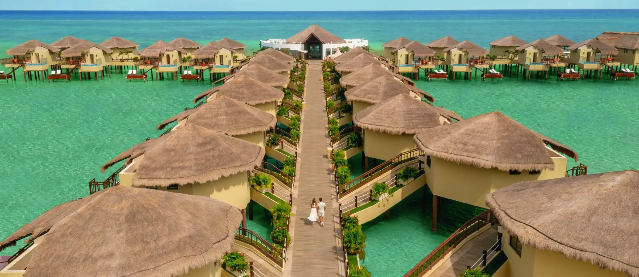 Aerial view of overwater bungalows at El Dorado Palafitos, Riviera Maya