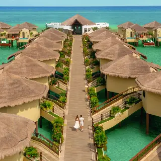 Aerial view of overwater bungalows at El Dorado Palafitos, Riviera Maya