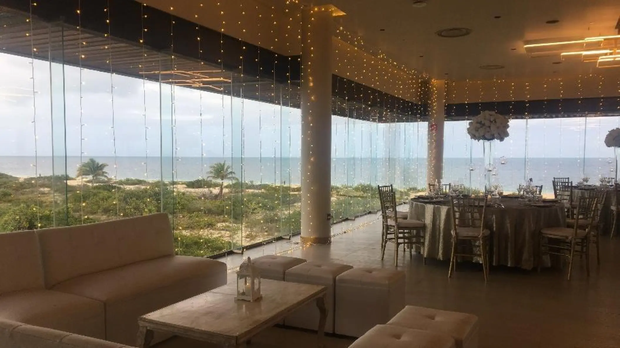 Poseidon Terrace reception setup with string lights at Grand Palladium Costa Mujeres, Cancun