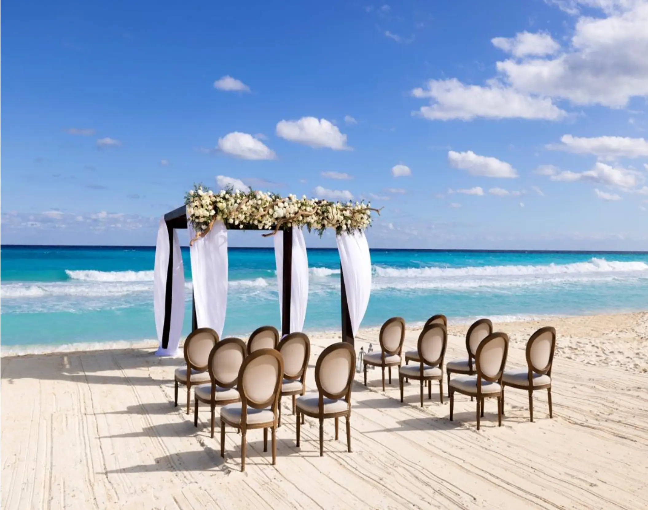 Beachfront wedding ceremony with floral huppah and oval chairs at Paradisus Cancun, Cancun