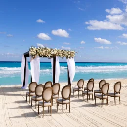 Ceremony decor on the beach wedding venue at Paradisus Cancun