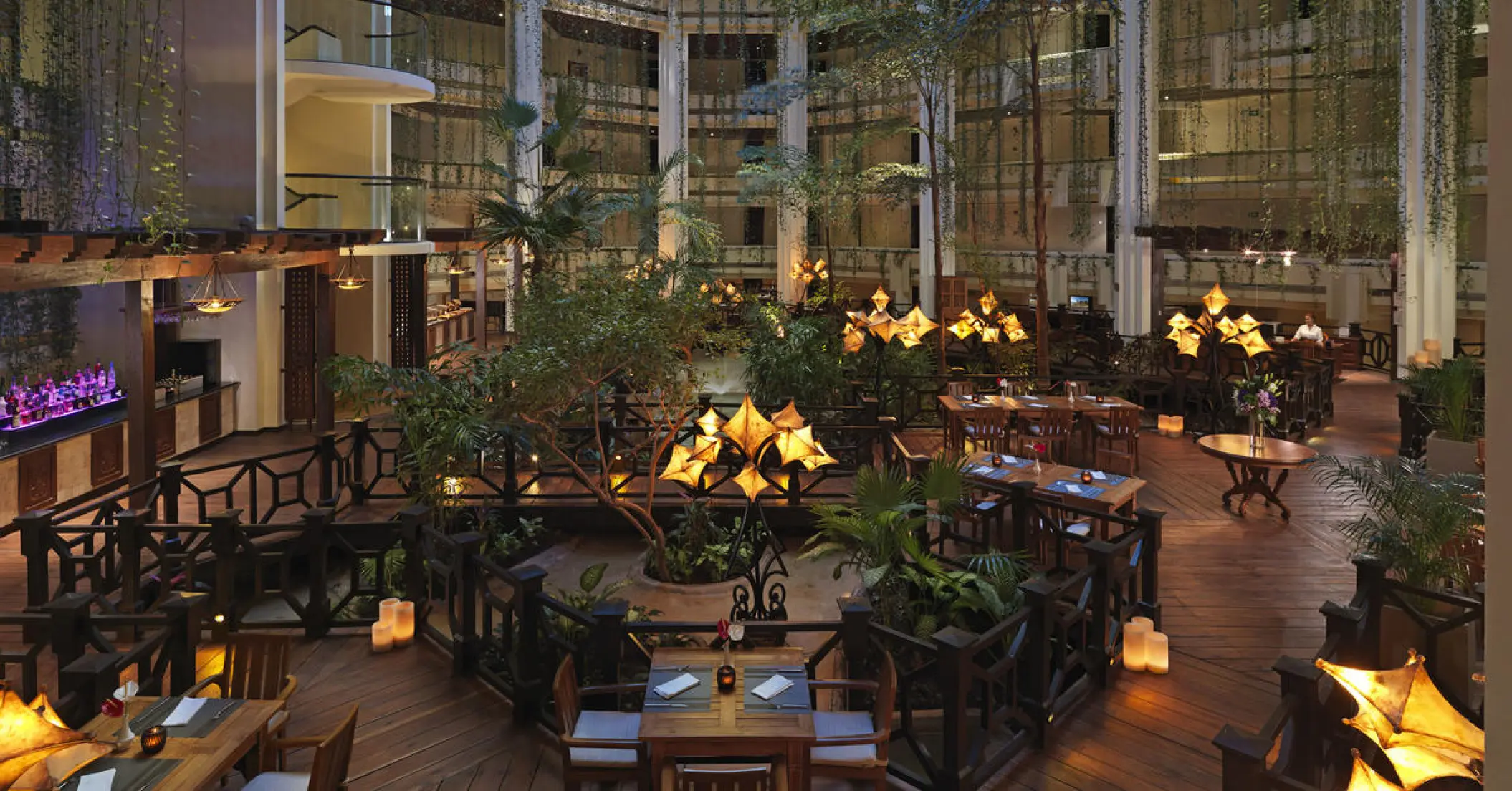 Indoor garden lounge with greenery and hanging vines at Paradisus Cancun