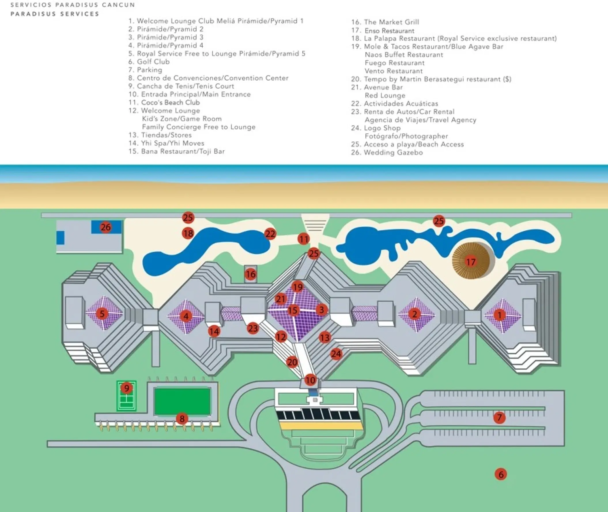 Resort map of Paradisus Cancun showing the layout of pyramids, pools, and restaurants in Cancun