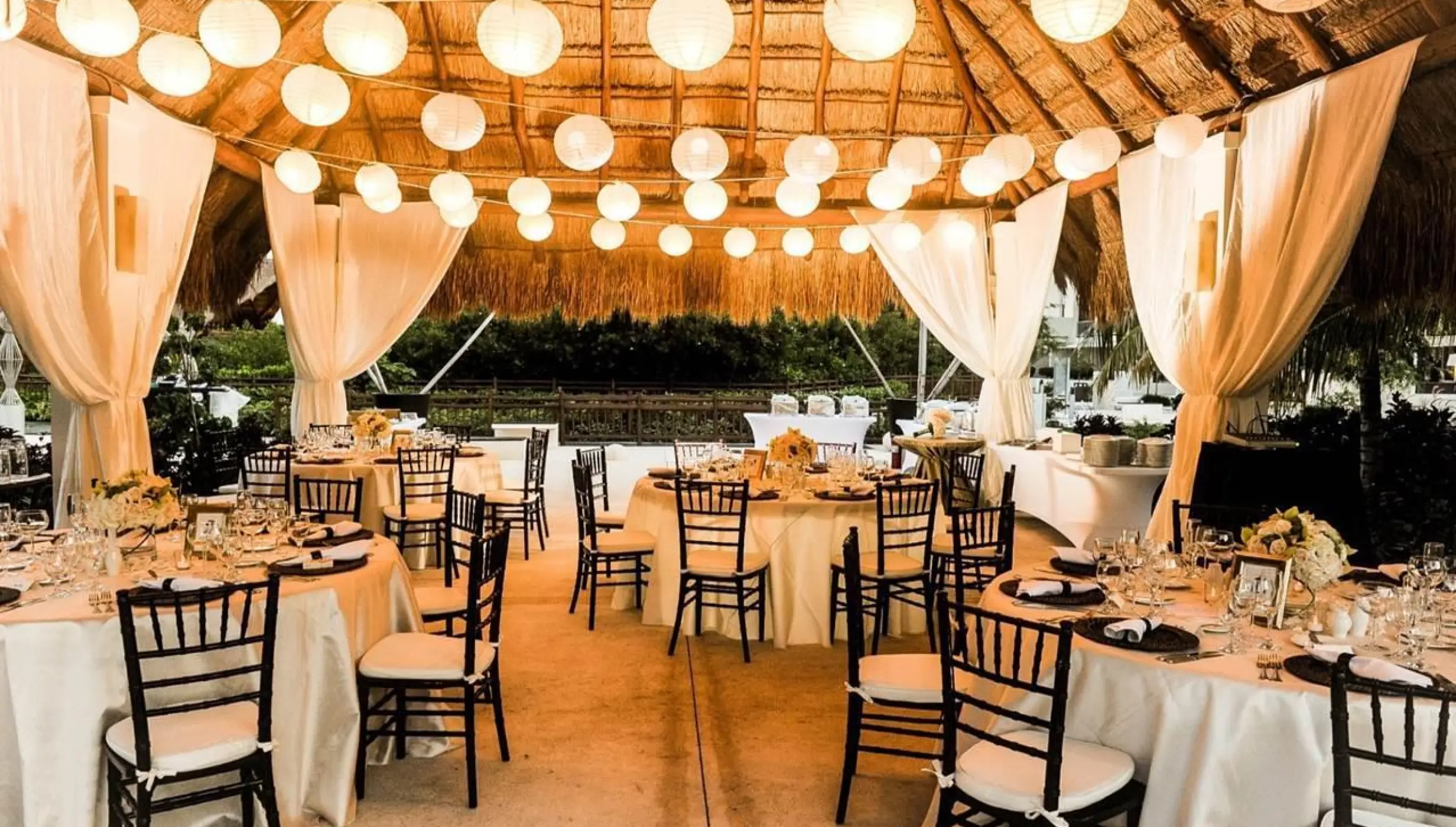 Dinner reception decor on Palapa 1 and 2 wedding venue at Paradisus Playa del carmen and Paradisus La Perla