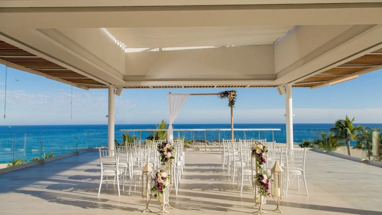 Ceremony decor on the rooftop venue at paradisus los cabos