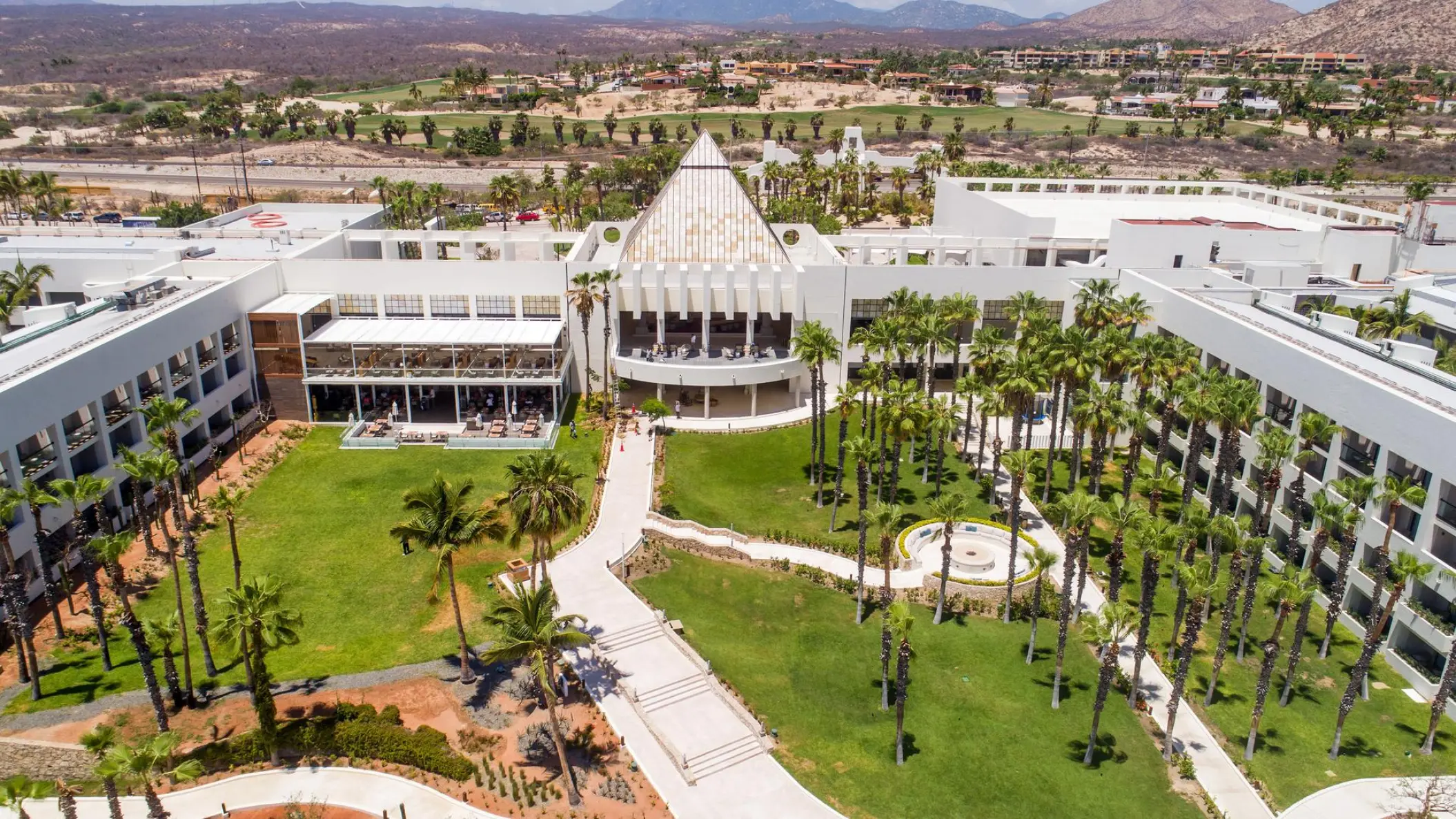 Aerial view of the central garden and pyramid-shaped lobby at Paradisus Los Cabos, Cabo San Lucas