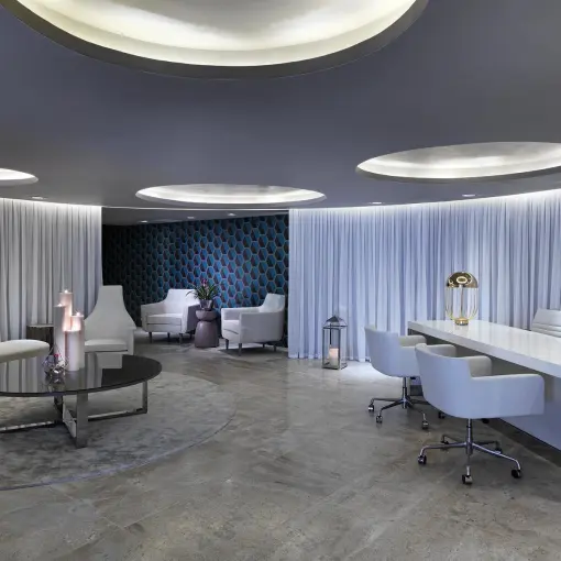 Modern spa reception area with white furniture and circular ceiling lights at Paradisus Los Cabos, Cabo San Lucas