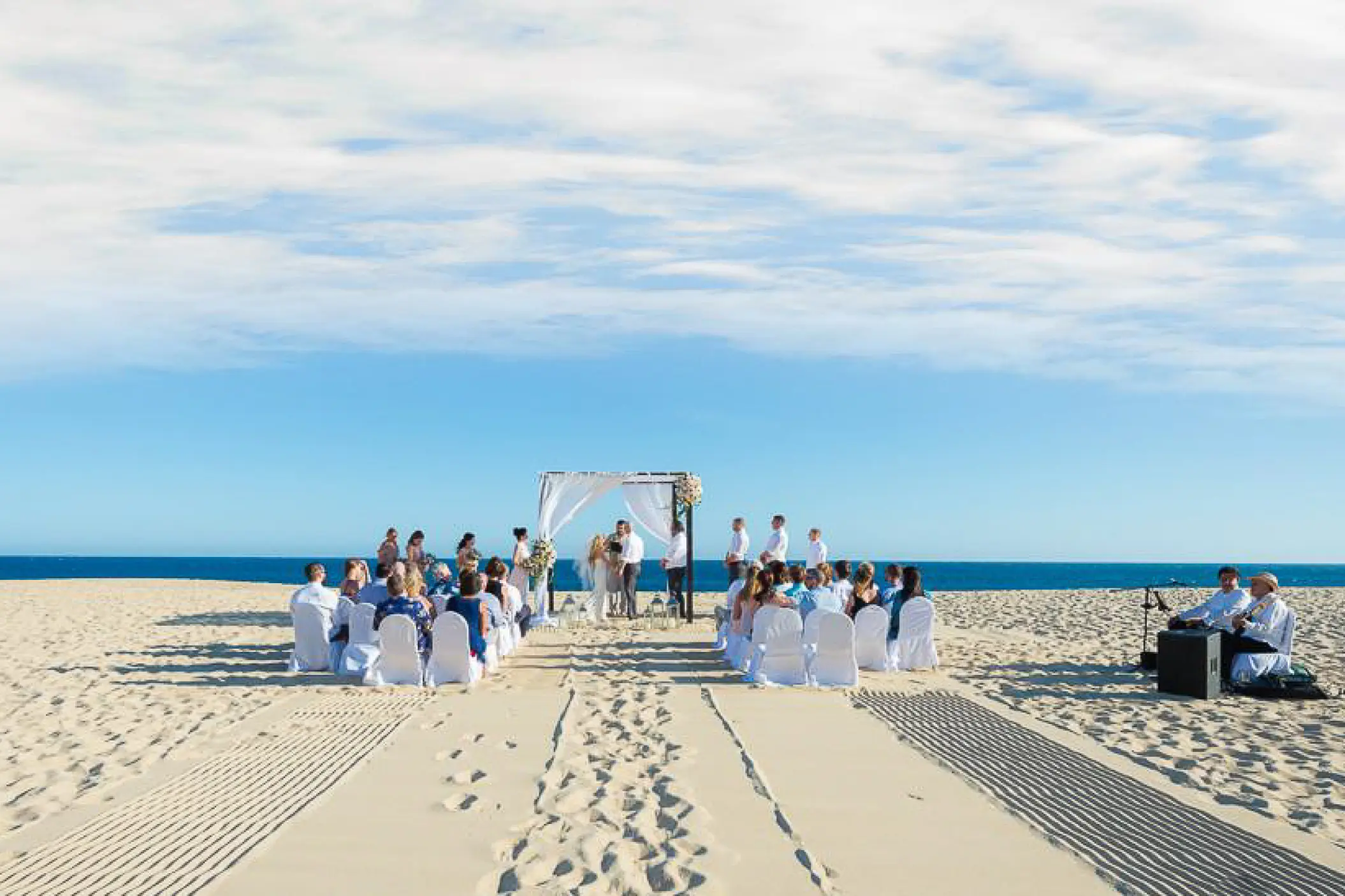 Beachfront wedding ceremony on the sand at Pueblo Bonito Pacifica, Cabo San Lucas