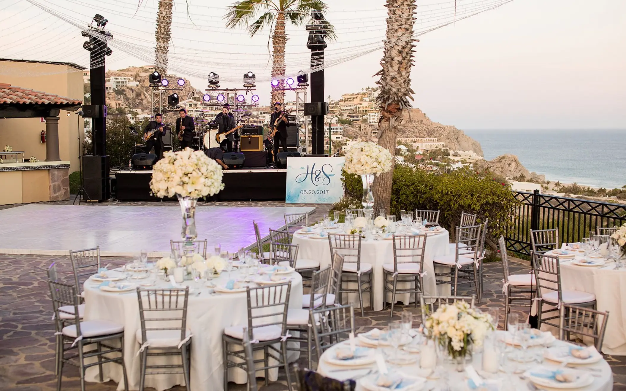 Wedding reception with live band on the Swan Terrace at Pueblo Bonito Sunset Beach, Cabo San Lucas