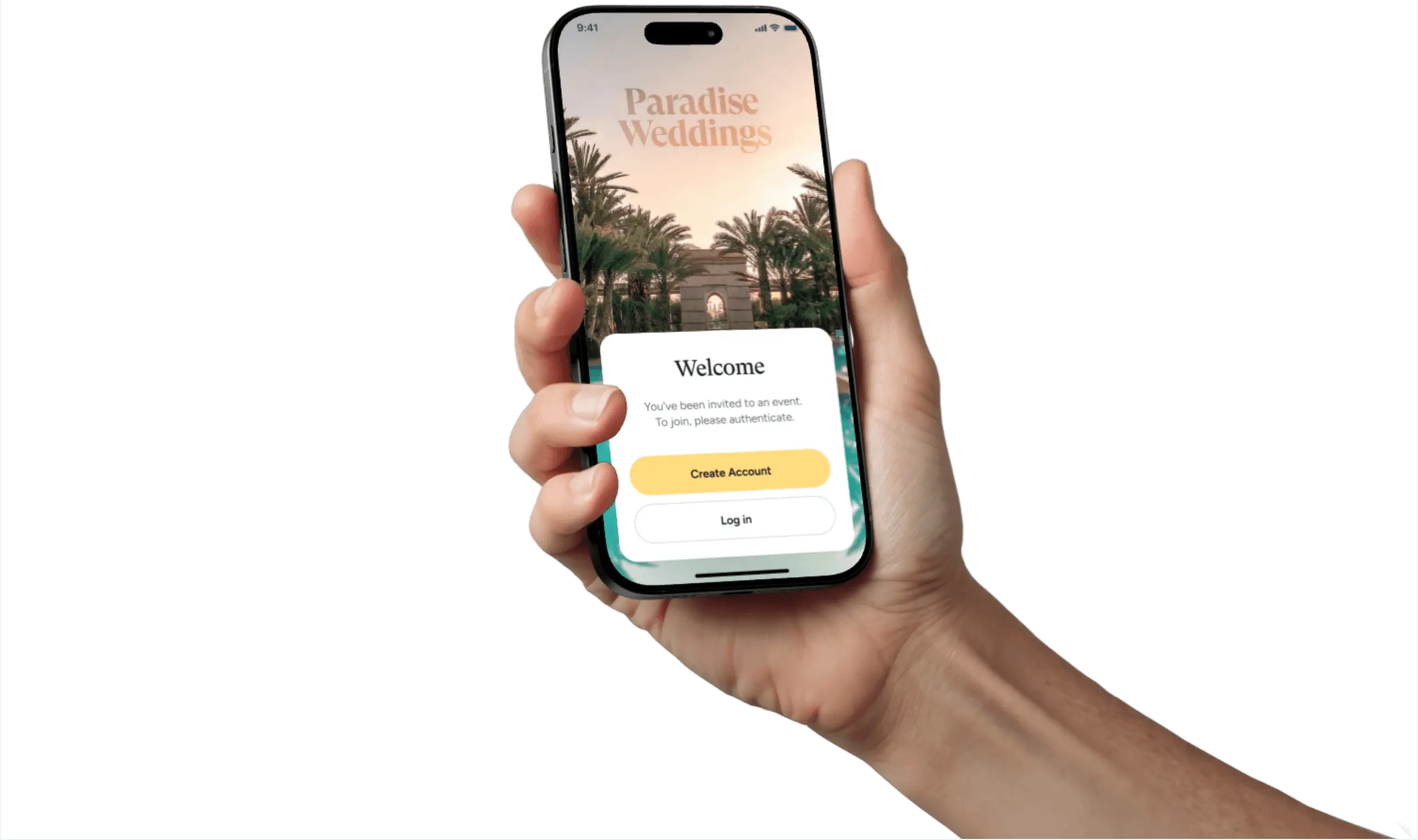 Hand holding a smartphone showing the Paradise Weddings login screen with a welcome message and palm tree background