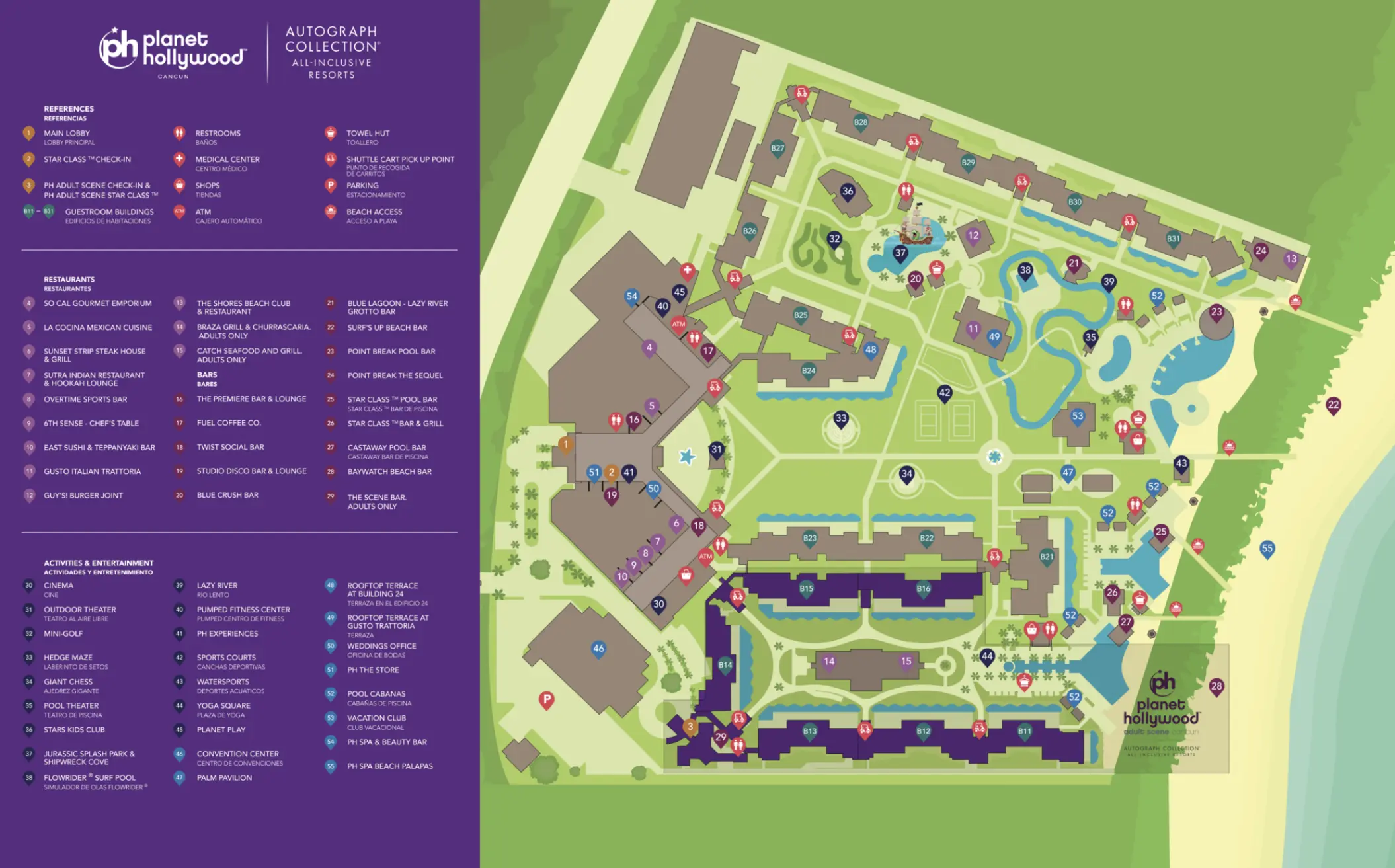 Resort map of Planet Hollywood Adult Scene Cancun showing guest rooms, pools, and beach access