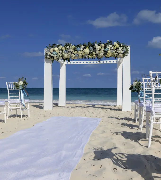 Beachfront wedding ceremony setup at Planet Hollywood Adult Scene, Cancun