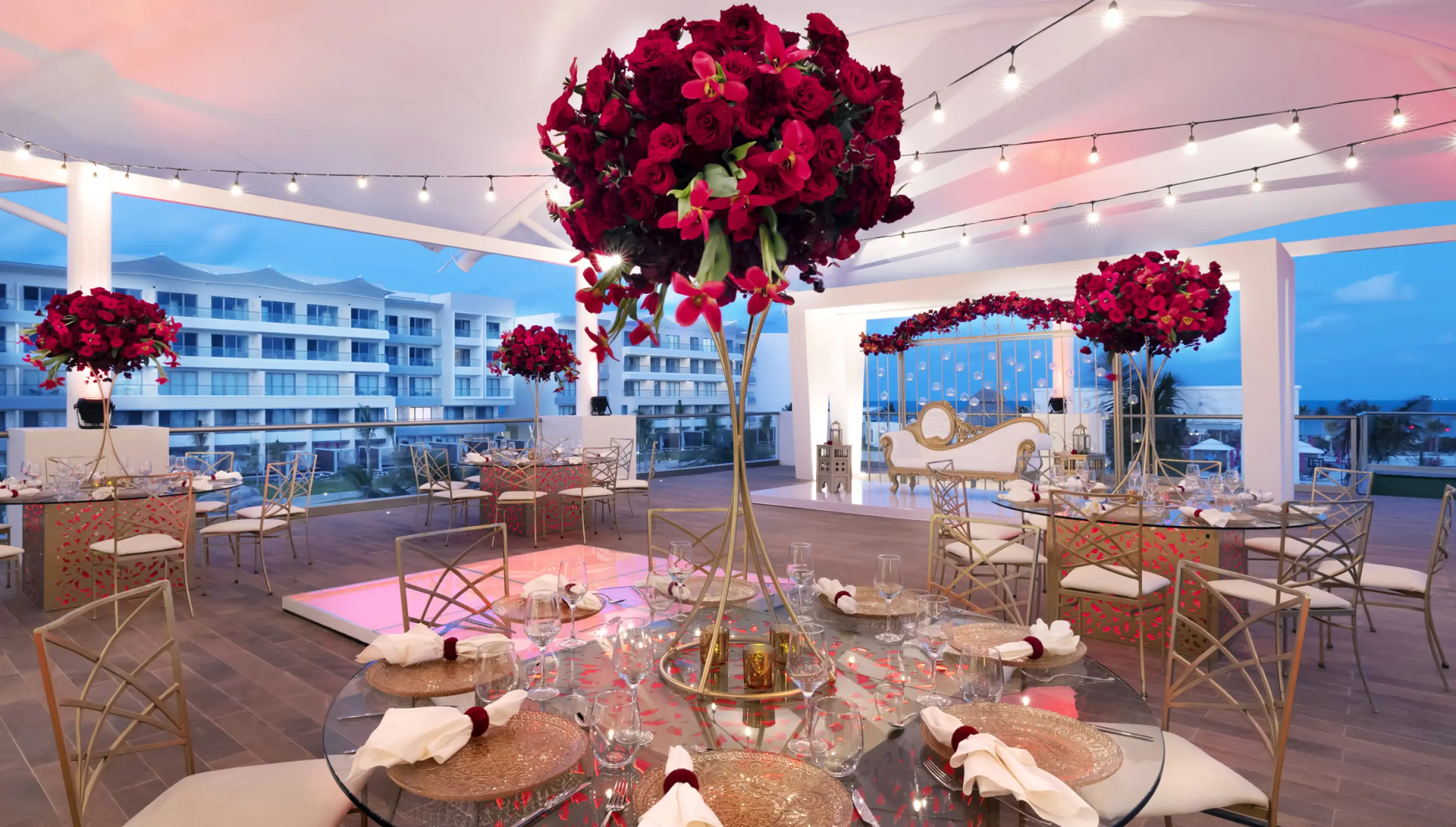 Wedding reception decor on Rooftop at Planet Hollywood Cancun Resort and Spa