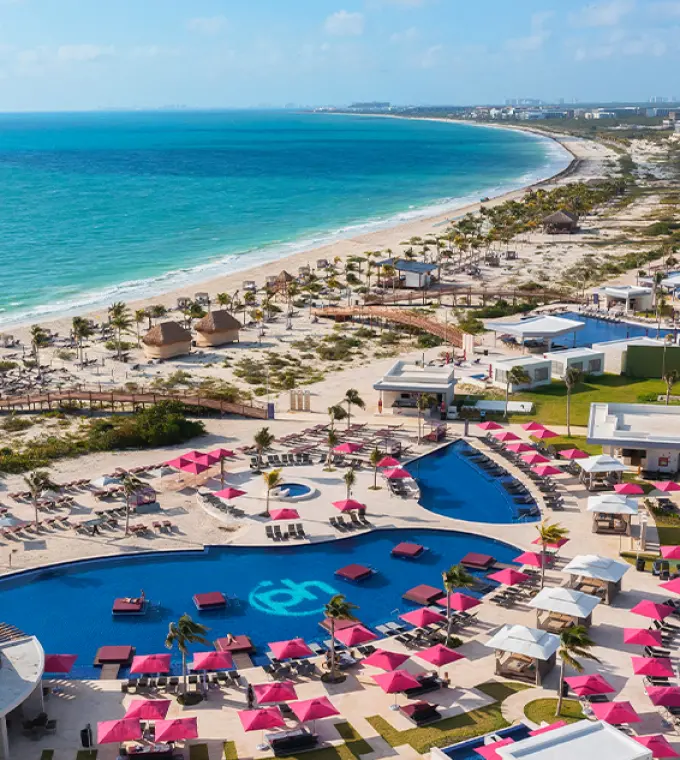 Aerial view of swimming pools and beach at Planet Hollywood Cancun