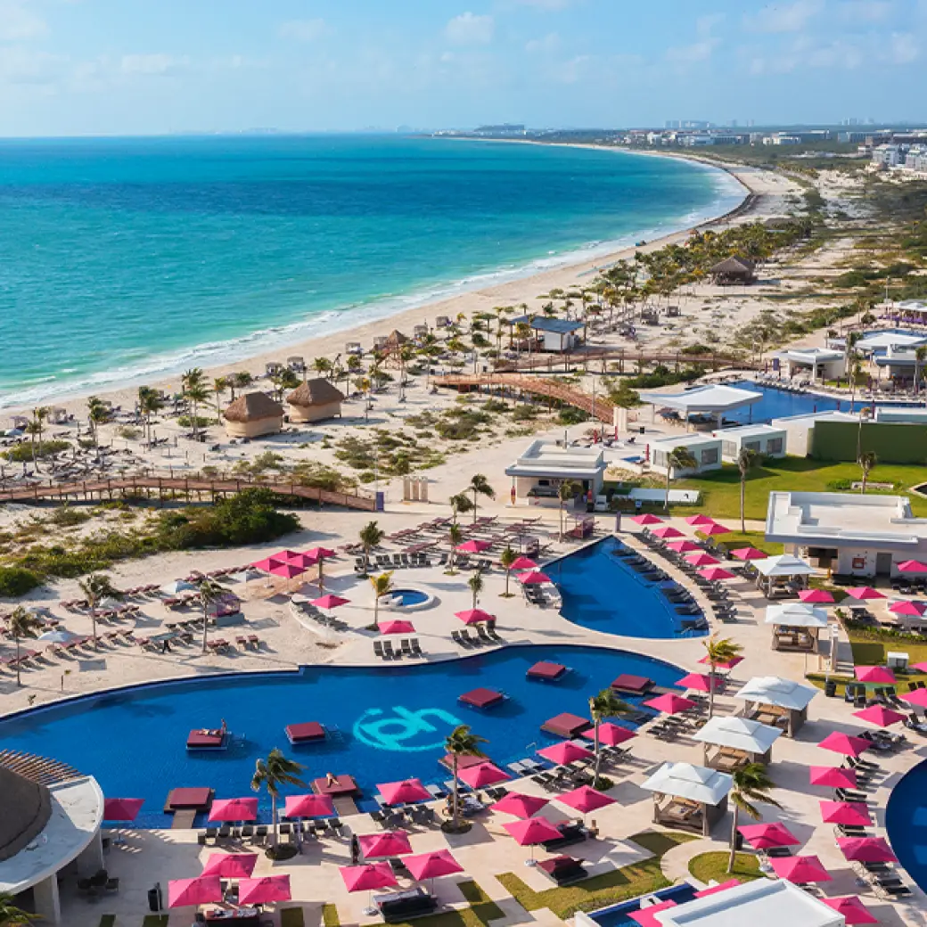 Aerial view of swimming pools and beach at Planet Hollywood Cancun