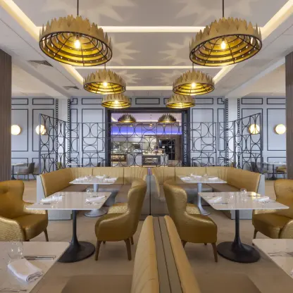 SoCal Gourmet Food Emporium dining room with cinema-themed decor at Planet Hollywood Cancun