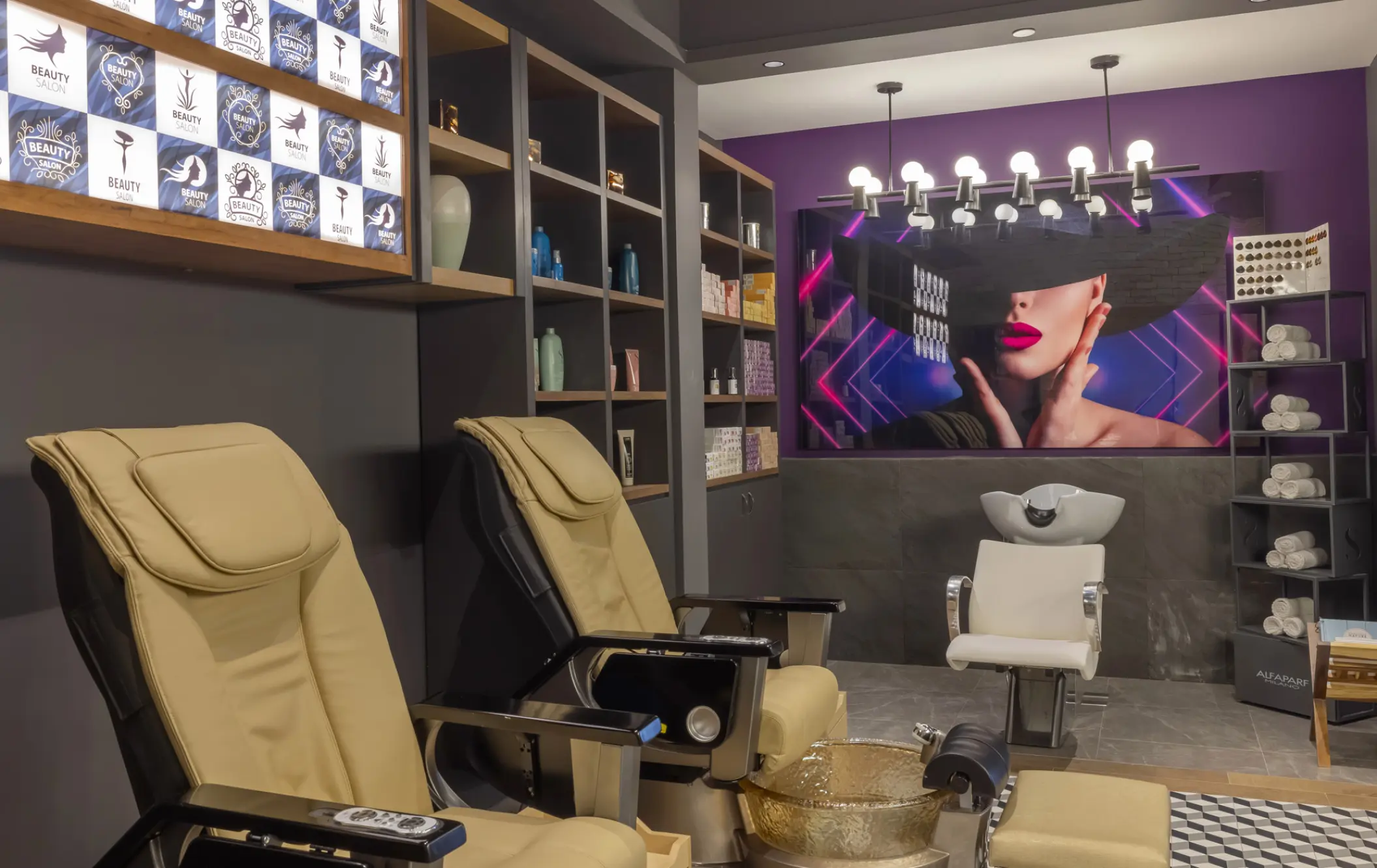Modern salon and spa with pedicure chairs and a hair washing station at Planet Hollywood Cancun, Cancun