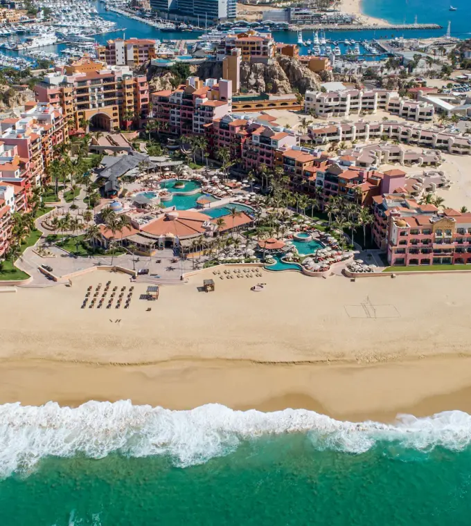Aerial view of Playa Grande Resort beachfront and pools, Cabo San Lucas