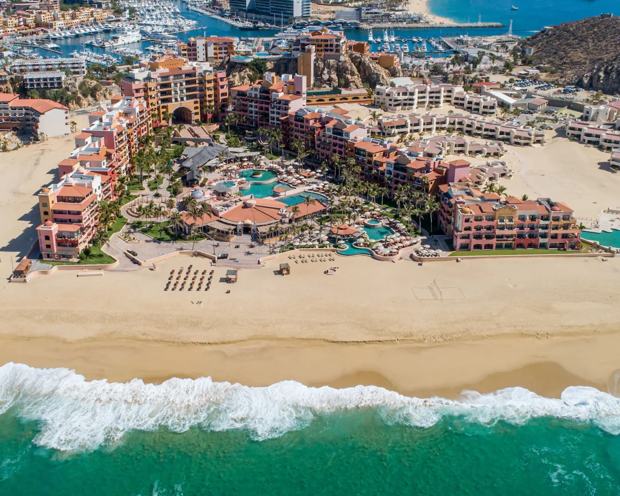 Aerial view of Playa Grande Resort beachfront and pools, Cabo San Lucas
