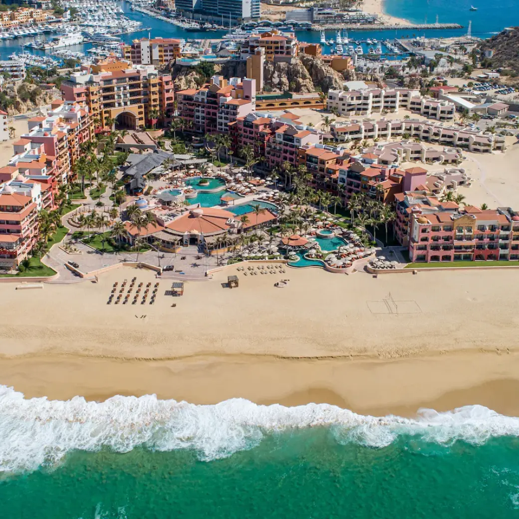 Aerial view of Playa Grande Resort beachfront and pools, Cabo San Lucas