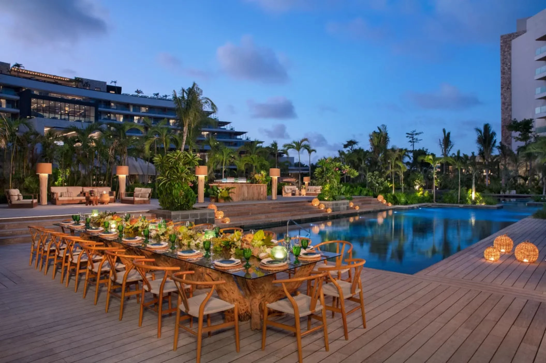Dinner reception setup on the Pool deck at Secrets Moxche Playa del carmen.