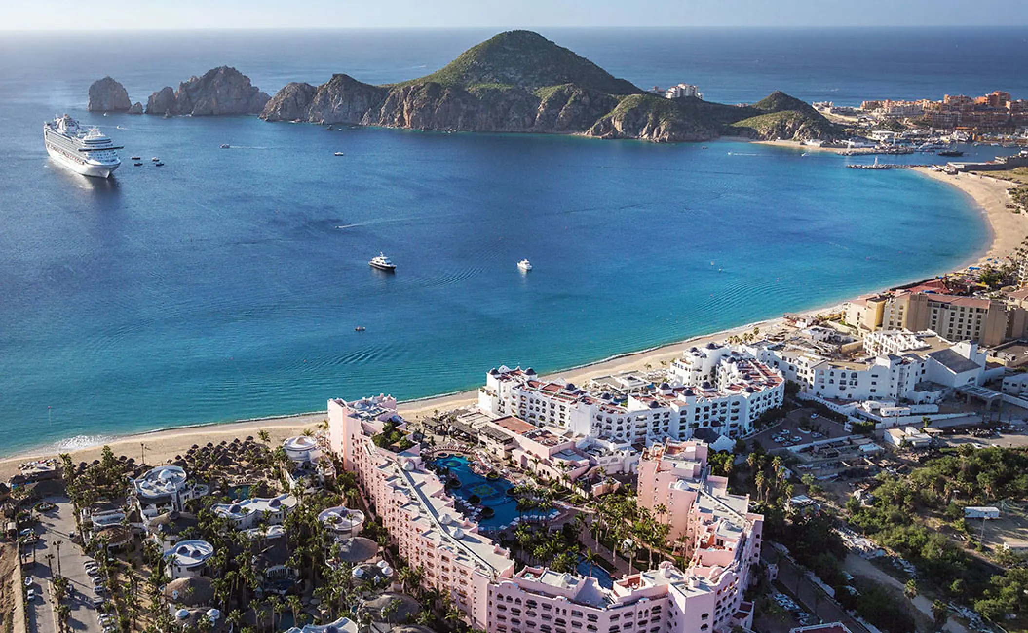 Aerial view of Pueblo Bonito Rose on the beachfront with Land's End in the distance, Cabo San Lucas