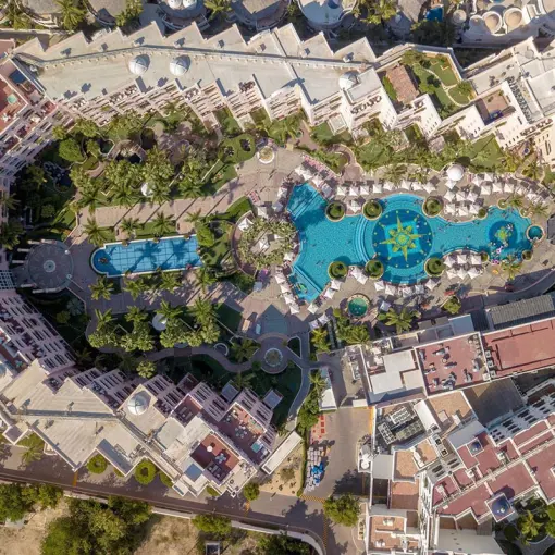 Aerial drone view of the pool and grounds at Pueblo Bonito Rose, Cabo San Lucas