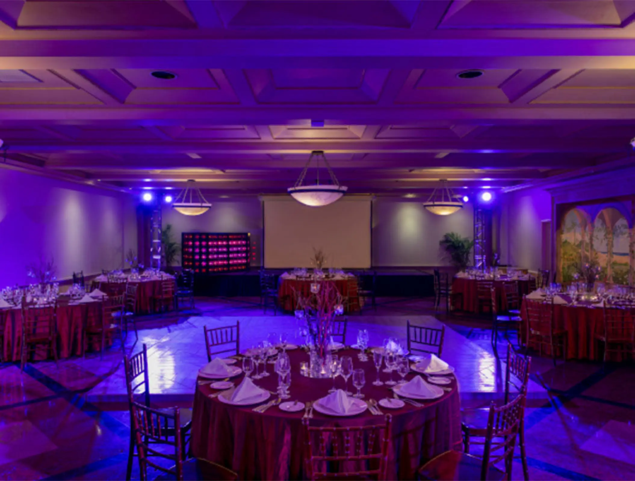 Indoor ballroom wedding reception with purple lighting at Pueblo Bonito Rose, Cabo San Lucas