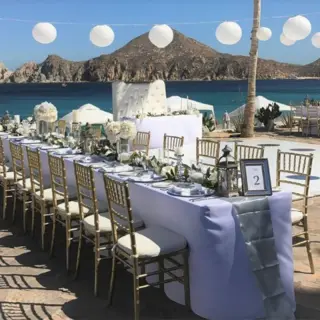 Terrace wedding reception at Pueblo Bonito Rose with ocean and mountain views, Cabo San Lucas