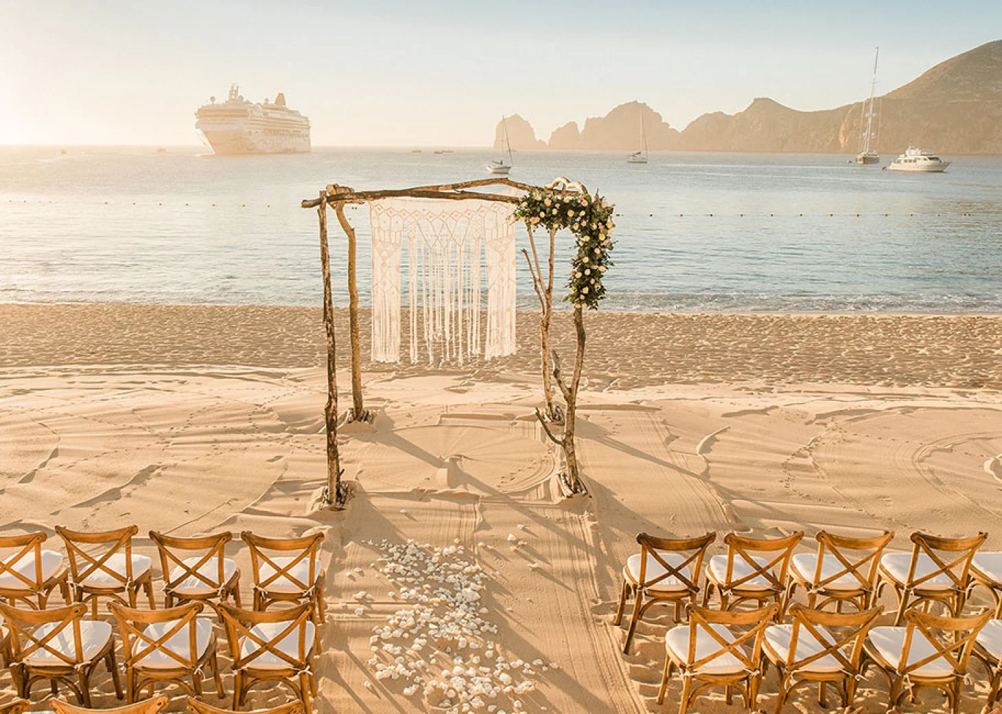 Pueblo Bonito Rose beach wedding setup.