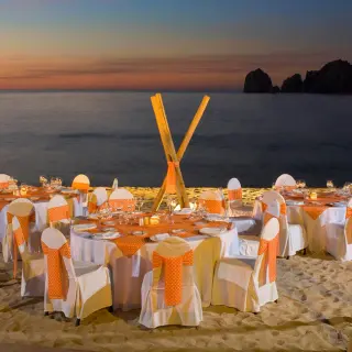 Beachfront wedding reception at Pueblo Bonito Rose, Cabo San Lucas during sunset