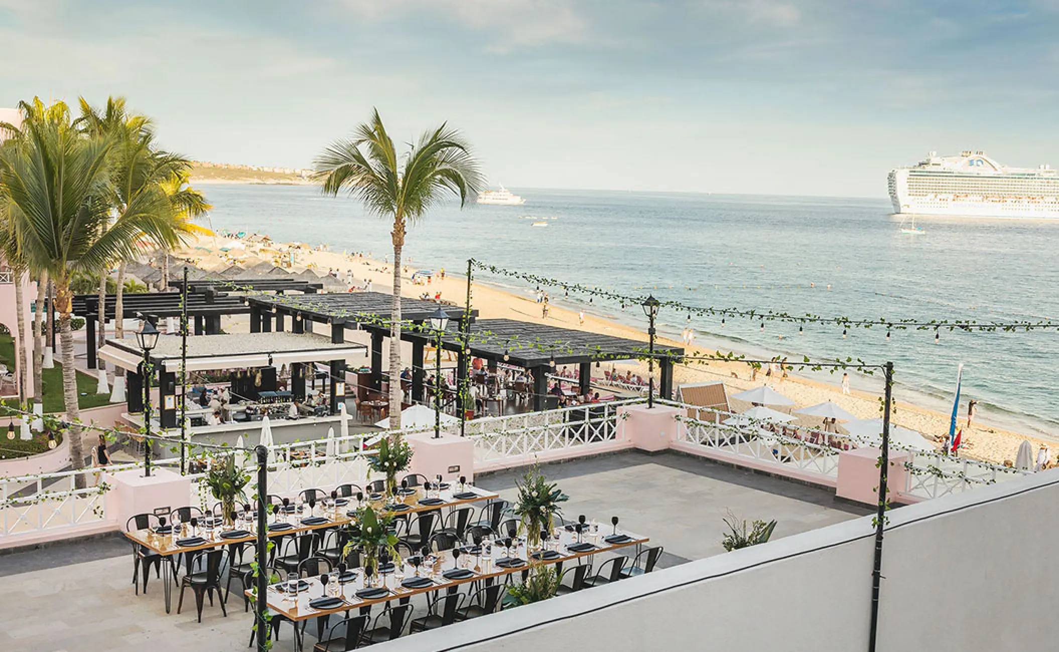 Terrace wedding reception at Pueblo Bonito Rose overlooking the beach, Cabo San Lucas