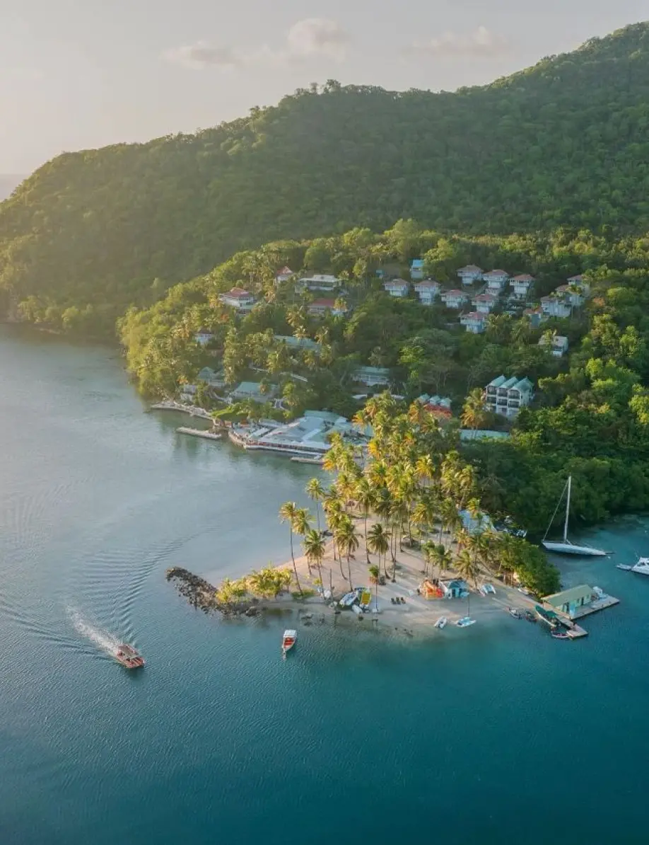 Aerial view of La Bas Beach and Zoetry Marigot Bay, Saint Lucia